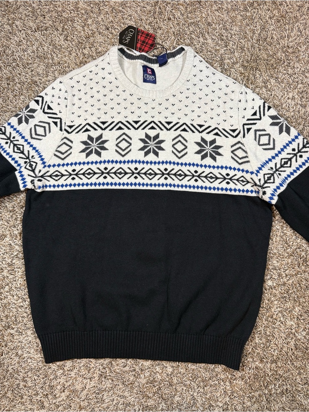 Chaps Men’s Black & White Fair Isle Crewneck Sweater with Blue Accents